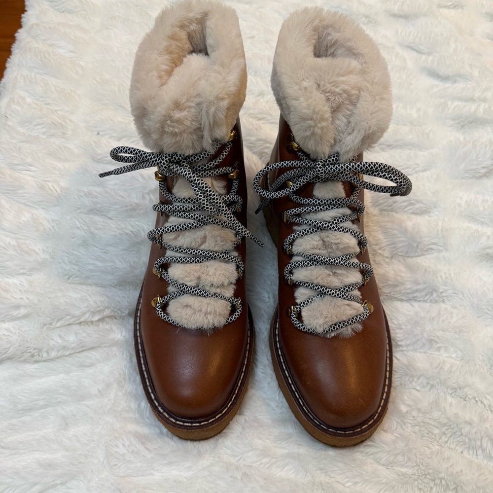 J. Crew Brown Leather Lace-Up Boots with Cream Fur Trim